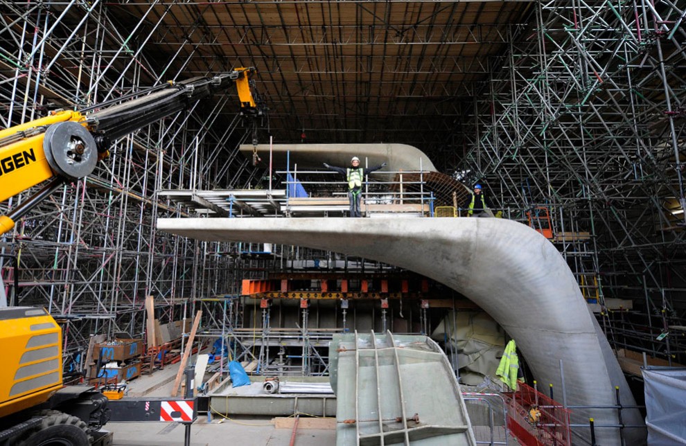 Tom Daley visits London Aquatics Centre under construction, Dec 2010