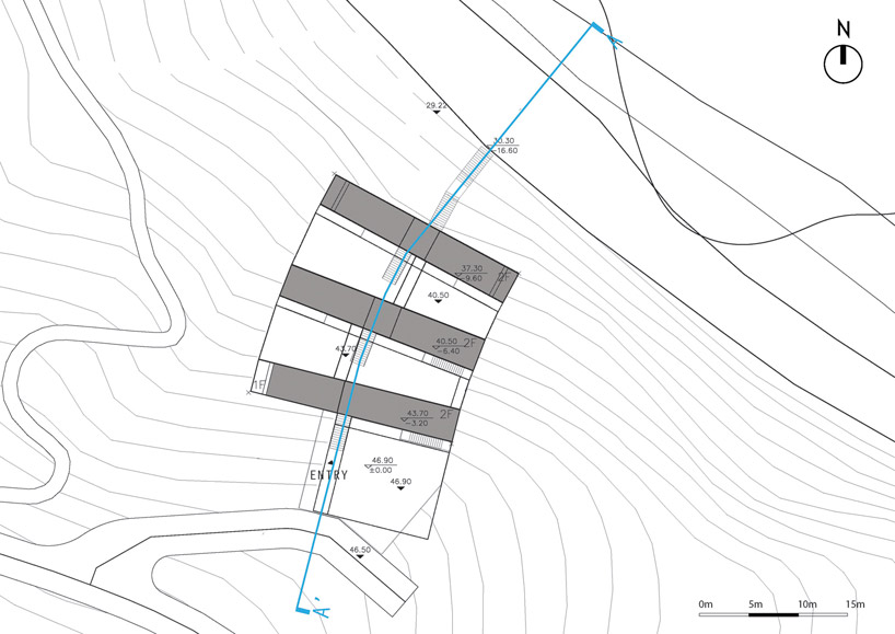 plan view of FRP House, designed by Atelier FCJZ, Bejing, showing ground contours